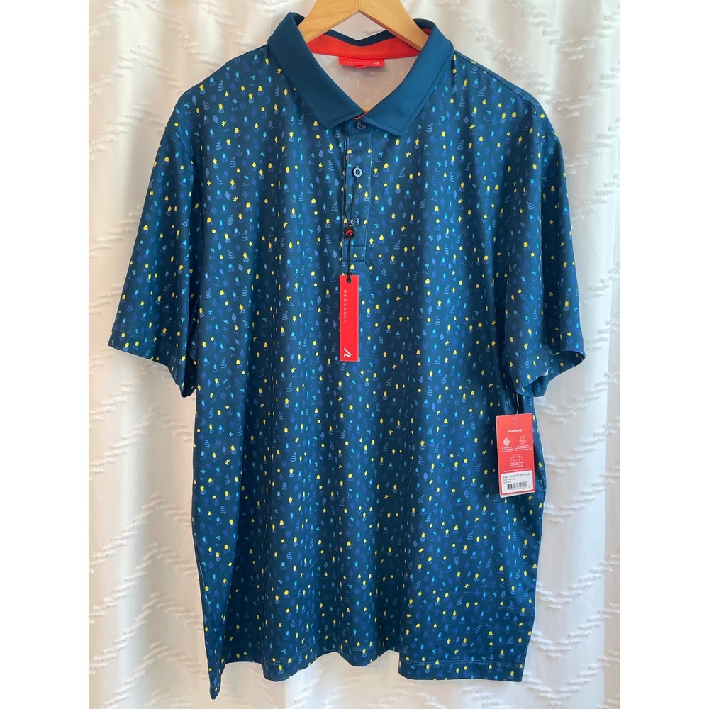 Redvanly Ashland Polo Admiral Blue Botanical Print Golf Shirt XXL NWT